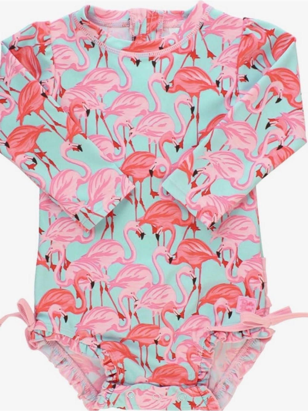Ruffle Butts Pink Flamingo Print One-Piece Rashguard Swimsuit on Mint